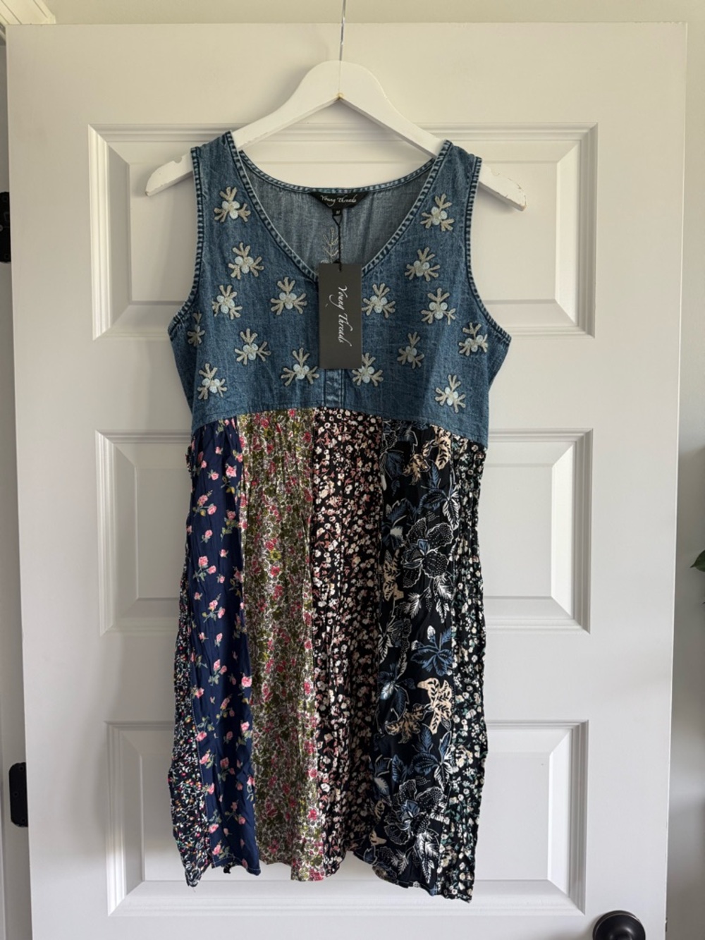 Young Threads Mini Denim Boho Patchwork Sleeveless Dress NWT